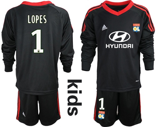 Lyon #1 Lopes Black Goalkeeper Long Sleeves Kid Soccer Club Jersey